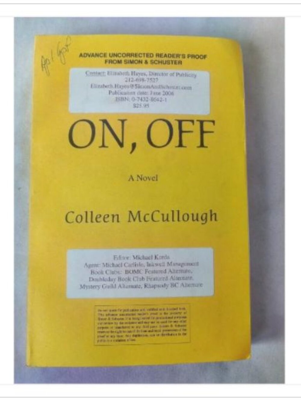 On, Off Colleen McCullough 2006 Advance Uncorrected Reader's Proof Book Vintage